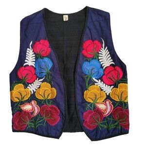 Vintage Vest Women Large Black Corduroy Floral Embroidered Wearable Art Lined